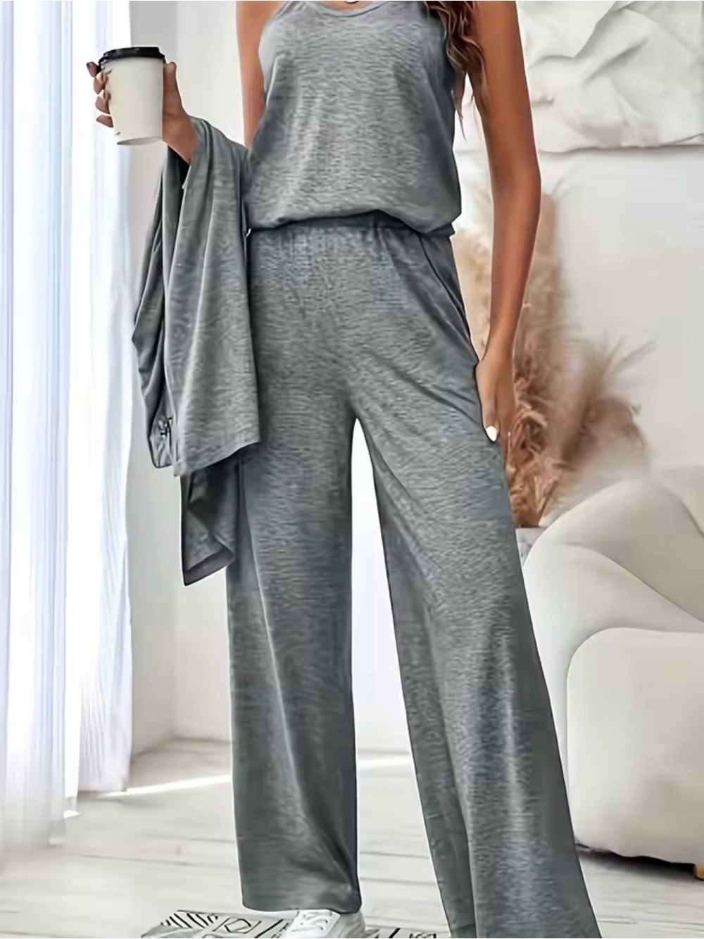 Women's 3-Piece Lounge Set - Soft Knit Cardigan, Tank & Wide-Leg Pant - Picture 3 of 3